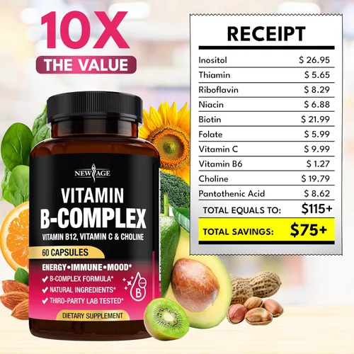 Vista 5 de Complejo de vitamina B para hombres y mujeres - Fabricado en EE. UU. - Complejo B: B1, B2, B3, B5, B6, B7, B8, B9, B12 con vitamina C, colina