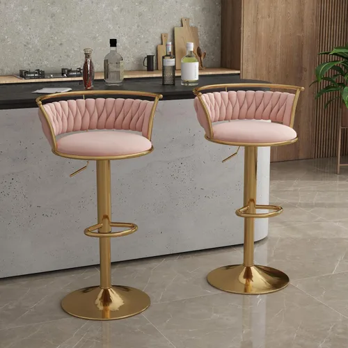 Vista 45 de Juego de 2 taburetes de bar giratorios de 360°, silla de bar de terciopelo ajustable a altura de mostrador moderna, taburete de metal plateado