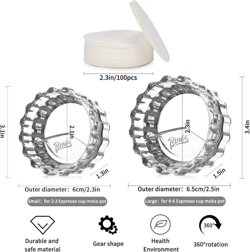 Vista 6 de Bincoo Moka - Dispensador de ollas con 100 piezas de papel de filtro, relleno de polvo giratorio, taza receptora de polvo, embudo, accesorios