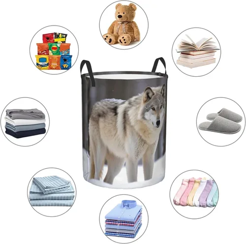 Vista 6 de wolf in the snow print Circular Hamper Waterproof Storage Bin Organizer Basket Laundry Hamper With Handles For Clothes Toys Small