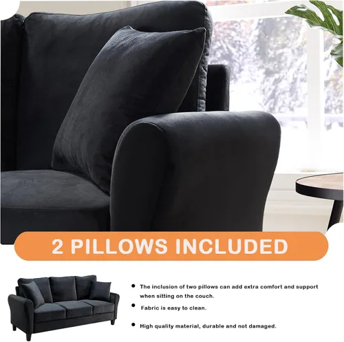 Vista 11 de Sofá tapizado de terciopelo de 3 plazas con 2 almohadas, sofá moderno de 78 pulgadas con patas de madera maciza para sala de estar, apartamento