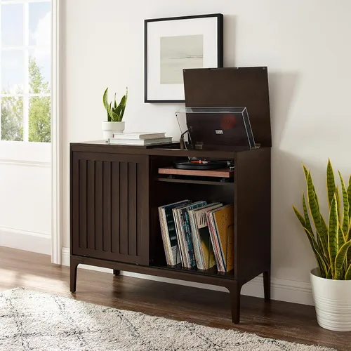 Vista 13 de Crosley Furniture Asher Media Console y soporte para tocadiscos con almacenamiento para discos de vinilo, color marrón oscuro