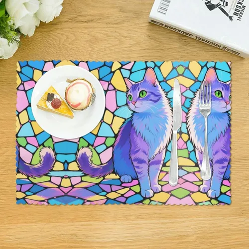 Vista 3 de Rectangular Placemats Set of 4, Heat Resistant Cat Printed Kitchen Dining Table Mats