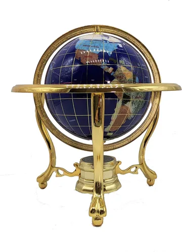 Vista 2 de Unique Art - Globo del mundo con piedra preciosa de lapislázuli azul de 10 x 6 pulgadas con trípode dorado