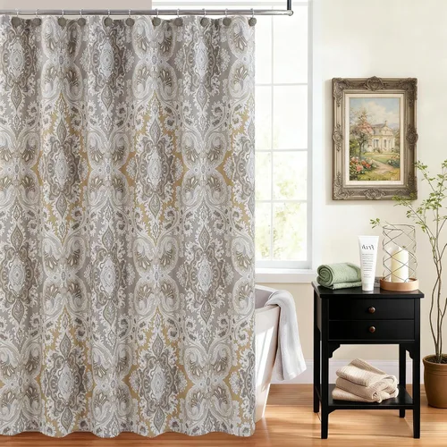 Vista 16 de Cortina de ducha de tela negra y beige, cortina de ducha con estampado de medallón vintage, cortina de baño decorativa impermeable, 72 pulgadas
