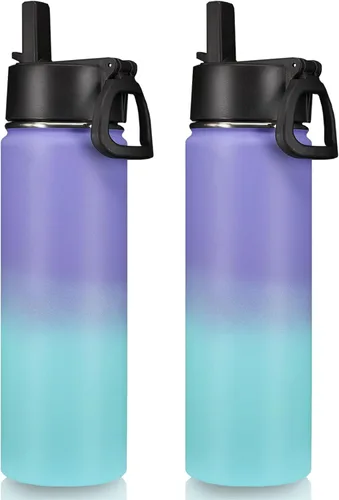 Vista 10 de Neihepal Botellas de agua aisladas de 22 onzas con tapa con popote a prueba de fugas, botella de agua de acero inoxidable de doble pared de boca