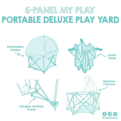 Vista 12 de Regalo My Play Deluxe - Patio de juegos portátil para interiores y exteriores, kit adicional, incluye un toldo completo, lavable, aguamarina, 6