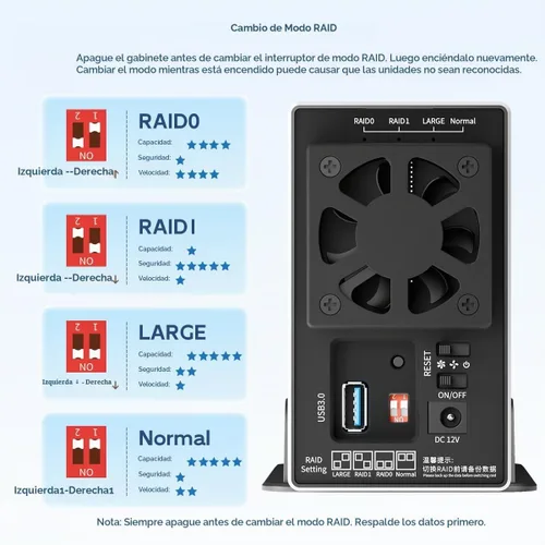 Vista 5 de MAIWO Caja RAID de disco duro de doble bahía con ventilador de refrigeración para 2.5/3.5 pulgadas SATA SSD/HDD, caja de disco duro USB 3.0 de 5