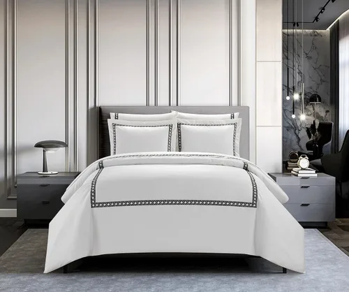 Vista 6 de Chic Home Lewiston - Juego de funda de edredón de mezcla de algodón de 3 piezas, 1500 hilos, color blanco sólido con detalles de costuras bordadas