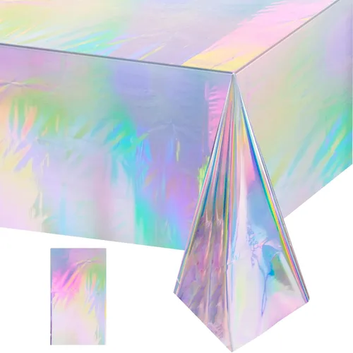 Vista 39 de Paquete de 1 mantel de plástico a cuadros negros e iridiscentes, manteles rectangulares desechables con láser, mantel de papel de aluminio
