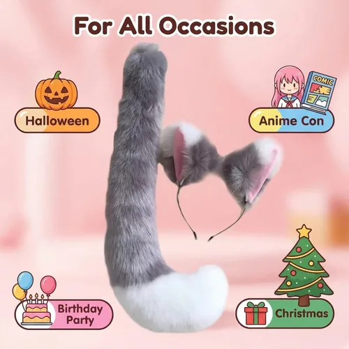 Vista 4 de Haiyuhang SZHYH - Juego de 2 diademas de pelo sintético de felpa con orejas de zorro y cola para Navidad, Halloween, fiesta, cosplay, gris y blanco