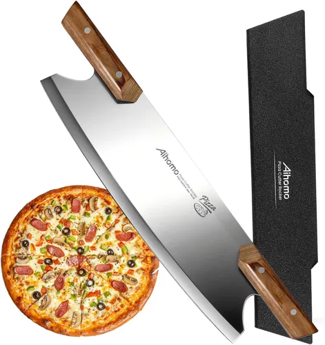 Vista 10 de Cuchilla de corte de pizza de 13 pulgadas, cuchillo de pizza japonés ultra afilado 420J1, cortador de pizza resistente con mango doble G10