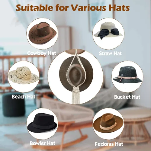 Vista 4 de Besoamo Perchas bohemias para sombreros, organizador de sombreros para pared, macramé para colgar en la pared, tejido a mano, organizador decorativo
