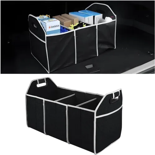 Vista 2 de Organizador de maletero de automóvil, organizador de almacenamiento plegable con 3 compartimentos, caja de almacenamiento para automóvil, bolsa