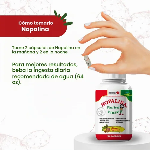 Vista 6 de Nopalina Fórmula de fibra 120 cápsulas Semilla de lino, psyllium, avena y salvado de trigo, Omega 3, 6 y 9 Salud intestinal y regularidad