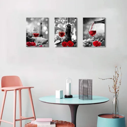 Vista 3 de Decoración de vino para cocina, arte en lienzo con rosas de vino tinto, arte para paredes del hogar, blanco y negro, con pintura de vino tinto, arte