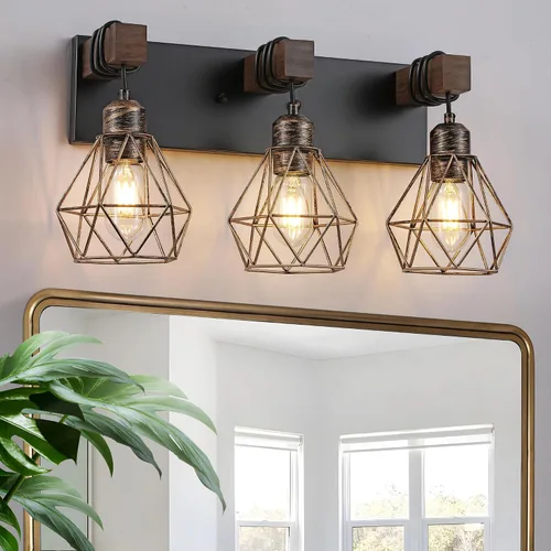 Vista 19 de Lámparas blancas para tocador de baño, luminarias de baño de madera de 2 luces sobre el espejo, apliques rústicos de pared con elegante pantalla