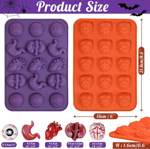 Vista 3 de Moldes de Chocolate de Halloween Kamehame, Molde de Silicona en Forma de Cerebro, Molde de Órgano de 15 Cavidades con Forma de Cerebro, Ojo