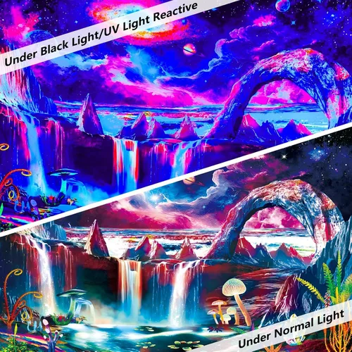 Vista 4 de Tapiz de luz negra, galaxia y planeta, tapiz reactivo a los rayos UV, tapiz de cascada de montaña para dormitorio, estético, ola misteriosa, lago