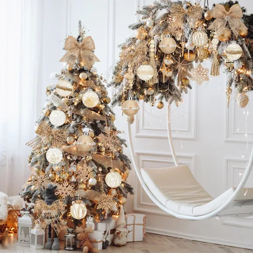 Vista 5 de 39 piezas de adornos de bola de Navidad rústicos boho, juego a granel de 2.36 pulgadas / 6 cm., bolas color champán, adornos de árbol de Navidad