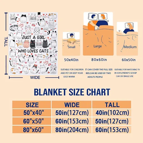 Vista 7 de Manta de franela suave y acogedora con temática de gato para mujeres, niñas, mujeres, adultos, 50 x 40 pulgadas