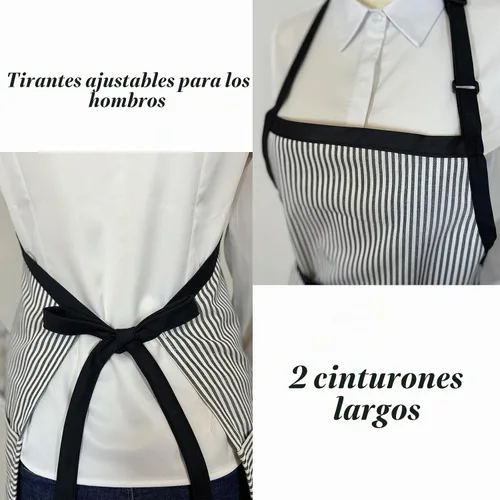 Vista 5 de Delantal de cocina con 3 bolsillos, delantal ajustable para servidor, delantal de camarera con bolsillos a rayas Negro (Striped Black)