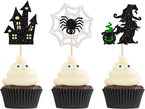 Vista 9 de Ephlyn 24 adornos negros para tartas de Halloween con purpurina fantasma Negro Halloween