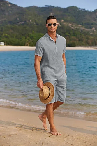 Vista 2 de COOFANDY Conjunto de 2 piezas de lino para hombre, camisas Henley casuales de manga corta, pantalones cortos de yoga para la playa, pantalones