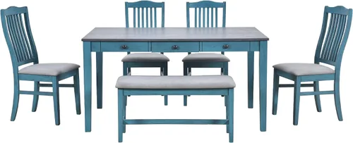 Vista 7 de Juego de mesa de comedor compacto de 6 piezas, juego de mesa de comedor de cocina de madera maciza con 4 sillas ergonómicas acolchadas y banco, mesa