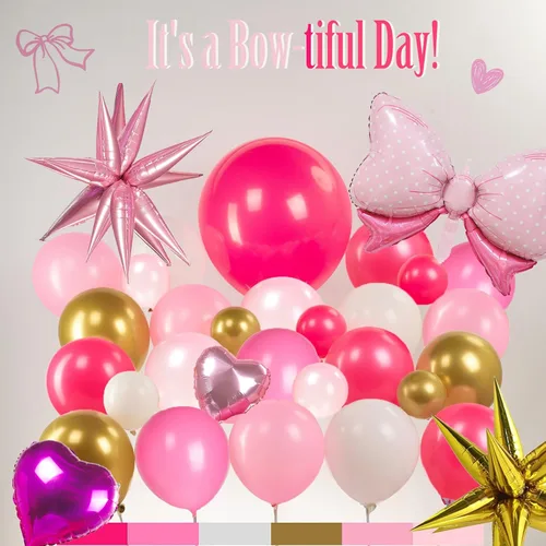 Vista 4 de Kit de arco de guirnalda de globos rosa y dorado, 140 piezas de globos de papel de aluminio de estrella con arco para temática de ratón de dibujos