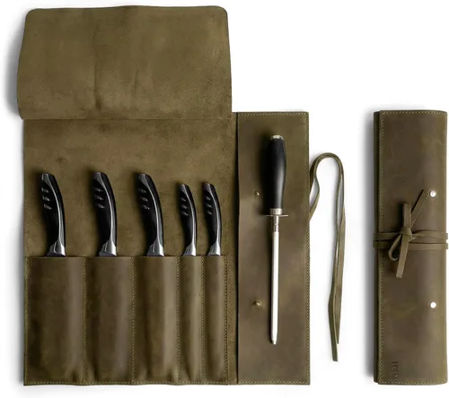 Vista 7 de Estuche de cuero rústico para cuchillos, bolsa duradera para cuchillos de chef para chefs profesionales, bolsa de rollo de cuchillos, funda