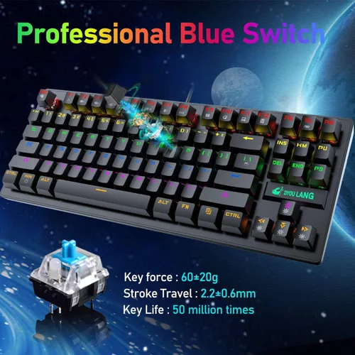 Vista 3 de LexonElec K2 - Teclado mecánico para juegos, interruptor azul, mini 82 teclas con cable con retroiluminación LED arcoíris, mouse ligero