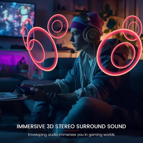 Vista 5 de EKSA Auriculares para juegos con micrófono para PS5 PS4 PC Switch Xbox One, auriculares sobre la oreja con micrófono desmontable con cancelación