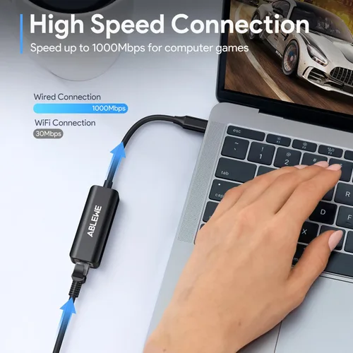 Vista 6 de Adaptador USB C a Ethernet, ABLEWE Type-C a RJ45 Gigabit Ethernet, adaptador de red LAN Thunderbolt 3 a RJ45 compatible con MacBook Pro/Air, iPhone