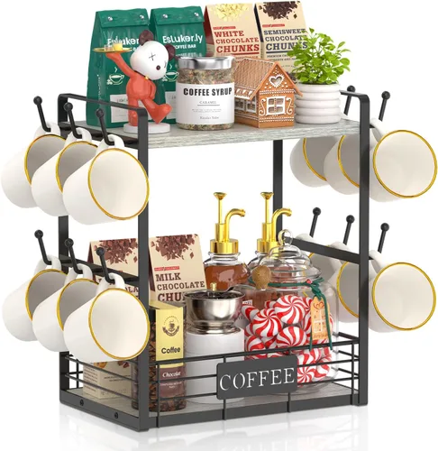 Vista 15 de EsLuker.ly Soporte para tazas de café, organizador de estación de barra de árbol, soporte para tazas de 2 niveles para encimera de cocina, estante