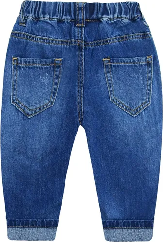 Vista 2 de KIDSCOOL SPACE Pantalones de mezclilla con bolsillo diagonal con cintura elástica y volantes para niñas pequeñas