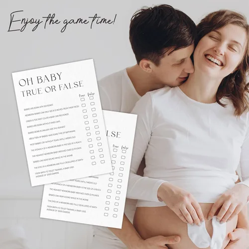 Vista 5 de Oh Baby! Juego verdadero o falso para baby shower, minimalismo blanco perla, 30 tarjetas de juego de relleno en blanco con 1 tarjeta de respuesta