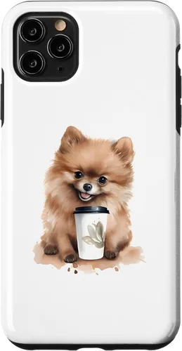 Vista 13 de iPhone 16 Pomerania perro con café estilo acuarela caso
