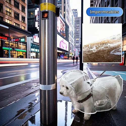 Vista 8 de Poncho de lluvia transparente para perros pequeños y medianos, impermeable pesado con agujero oculto para la correa y broches ajustables, capa