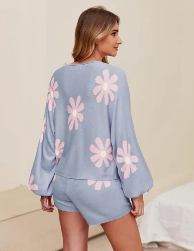 Vista 4 de Ekouaer - Conjunto de pijama de punto para mujer, ropa de descanso, sudadera de manga larga y pantalones a juego, casual, 2 piezas, tallas S-XXL
