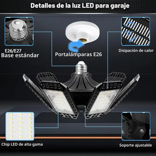 Vista 2 de AUDLES Paquete de 4 luces LED de garaje, 240 W, 24000 lm, 6500 K, luces LED de techo, con 7+1 paneles deformables, base con rosca E26/E27