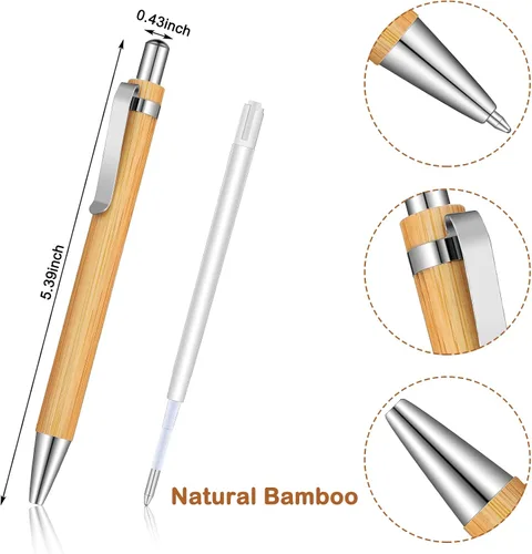 Vista 2 de Outus 12 bolígrafos retráctiles de madera de bambú, tinta negra, bolígrafos de 0.039 in, juego de productos para regalos, escritura, oficina