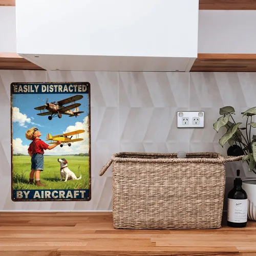Vista 6 de GLOBLELAND Vintage Airplane Metal Tin Sign 12x8 inch Easily Distracted by Aircraft Tin Signs Retro Plane Metal Wall Poster Plaque for Home Office
