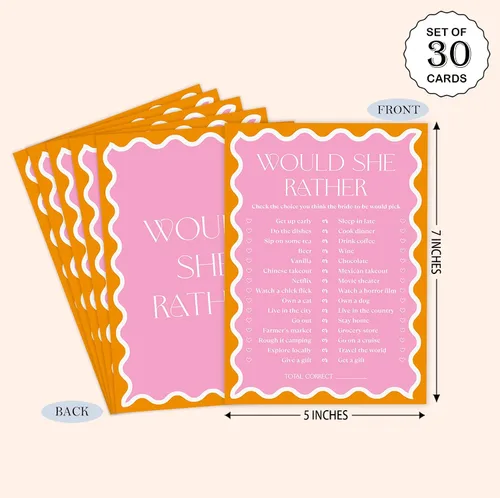 Vista 2 de Borde ondulado rosa con texto en inglés «Would She Rather» para 30 invitados con tarjetas de juego, juego de despedida de soltera con borde