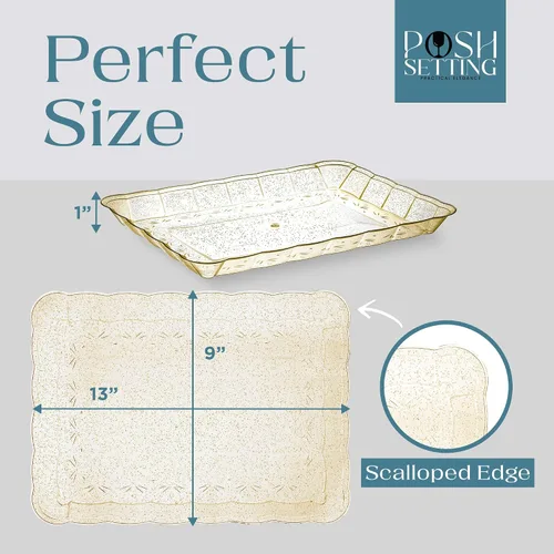Vista 4 de Posh Setting - Bandejas doradas con purpurina para fiestas, platos de plástico de 9 x 13 pulgadas y bandejas de alimentos
