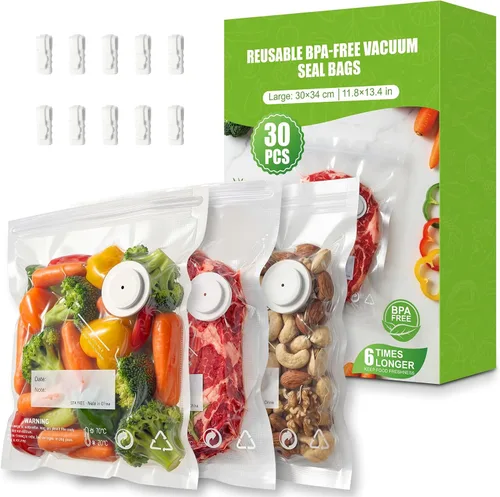 Vista 9 de RIWUSI 30 bolsas selladoras al vacío reutilizables para alimentos con válvula de aire y 10 clips de sellado, pequeñas (8.2 x 8.7 pulgadas), bolsas