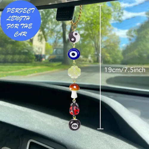 Vista 4 de Agromusk - Adorno colgante de coche con ojo malvado, amuleto de días de buena suerte para coche, colgante de 8 bolas con hongo y trébol de cuatro