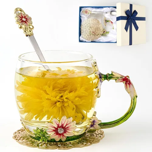 Vista 15 de Taza de té con flores, taza de café de vidrio con mariposa y margarita, con cuchara, caja de regalo para su mamá, esposa, abuela, niñas, amigas