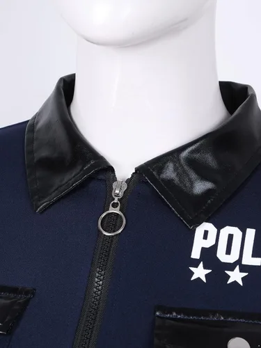 Vista 6 de Uniforme de policía de policía para mujer, disfraz de Halloween con cinturón, bolso, sombrero, puños