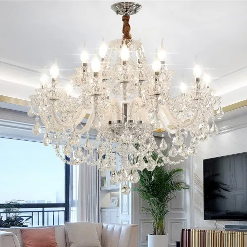 Vista 10 de Candelabro de cristal con 6 luces, lámpara de techo de cristal K9 transparente, decoración de lujo interior, lámpara colgante de cristal, bombillas